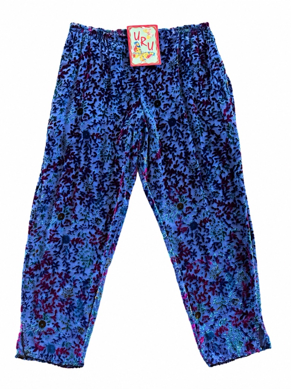 URU Blue Burnout Velvet Silk Rayon Floral Pants NWT USA Boho Art uru size 2